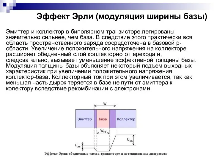 Эффект Эрли (модуляция ширины базы) Эмиттер и коллектор в биполярном транзисторе легированы