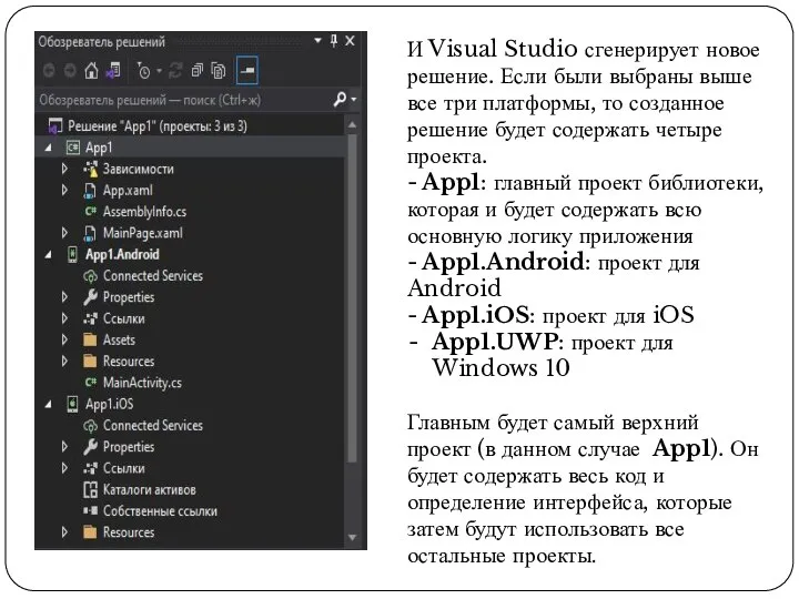 И Visual Studio сгенерирует новое решение. Если были выбраны выше все три