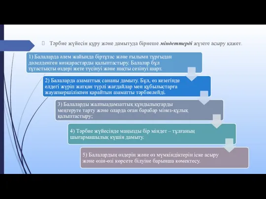 Тәрбие жүйесін құру және дамытуда бірнеше міндеттерді жүзеге асыру қажет.