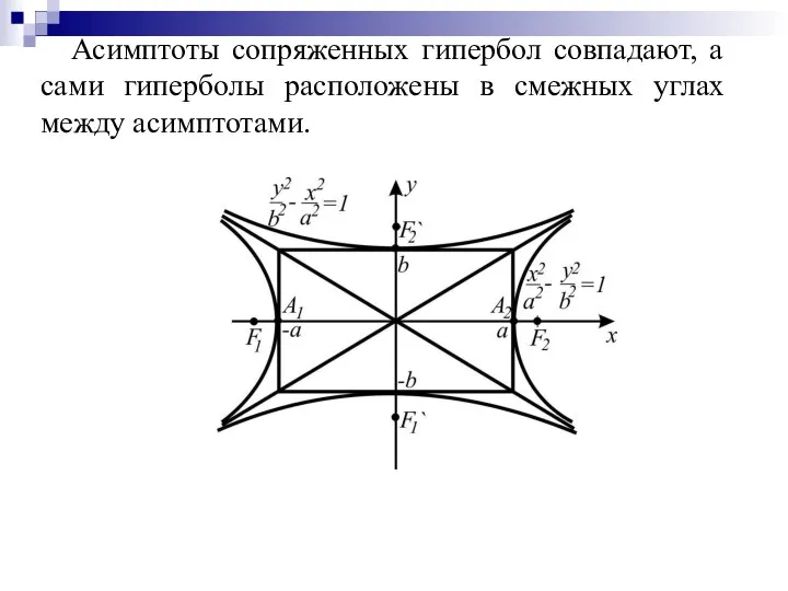 Асимптоты сопряженных гипербол совпадают, а сами гиперболы расположены в смежных углах между асимптотами.