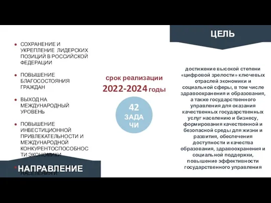 ЦЕЛЬ достижение высокой степени «цифровой зрелости» ключевых отраслей экономики и социальной сферы,