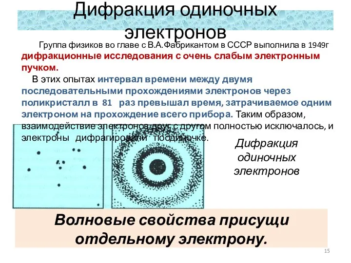 Дифракция одиночных электронов Дифракция одиночных электронов Группа физиков во главе с В.А.Фабрикантом