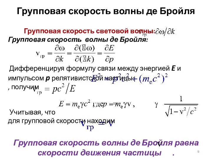 Групповая скорость волны де Бройля Групповая скорость световой волны: Групповая скорость волны