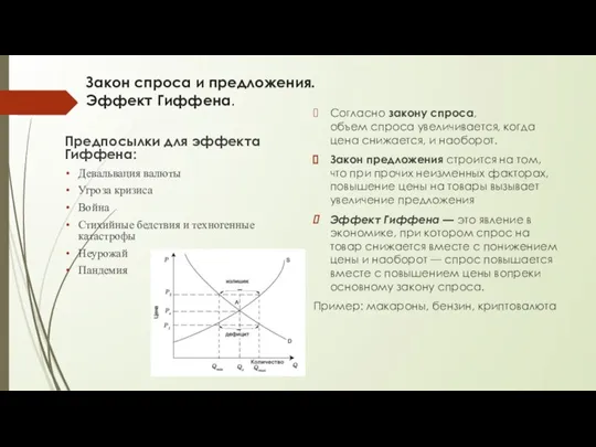 Закон спроса и предложения. Эффект Гиффена. Согласно закону спроса, объем спроса увеличивается,