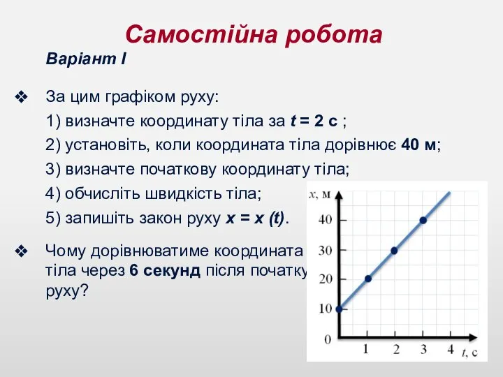 Самостійна робота Варіант І За цим графіком руху: 1) визначте координату тіла