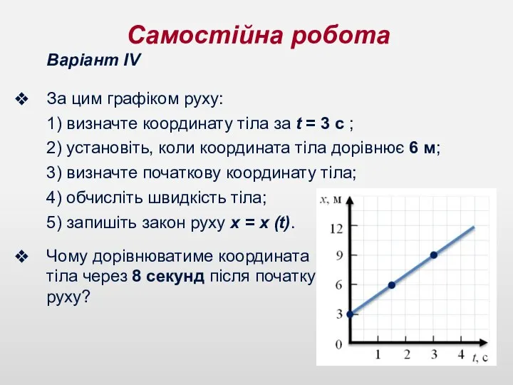 Самостійна робота Варіант ІV За цим графіком руху: 1) визначте координату тіла