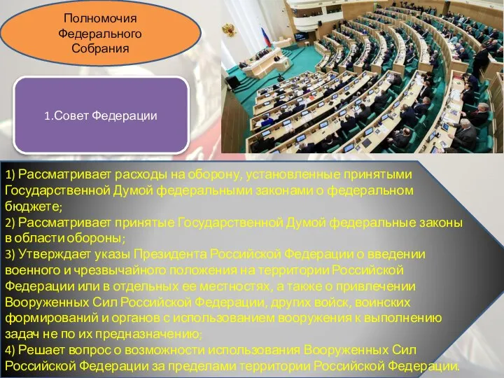 Полномочия Федерального Собрания 1.Совет Федерации 1) Рассматривает расходы на оборону, установленные принятыми