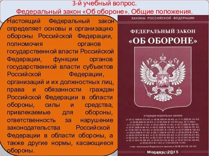 3-й учебный вопрос. Федеральный закон «Об обороне». Общие положения. Настоящий Федеральный закон