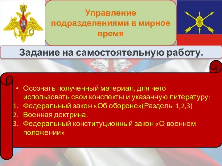 Задание на самостоятельную работу. Управление подразделениями в мирное время Осознать полученный материал,