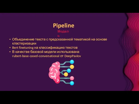 Pipeline Модель Объединение текста с предсказанной тематикой на основе кластеризации Bert finetuning