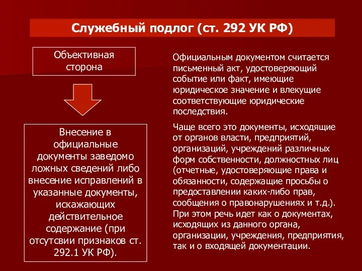 Служебный подлог (ст. 292 УК РФ) Объективная сторона Внесение в официальные документы