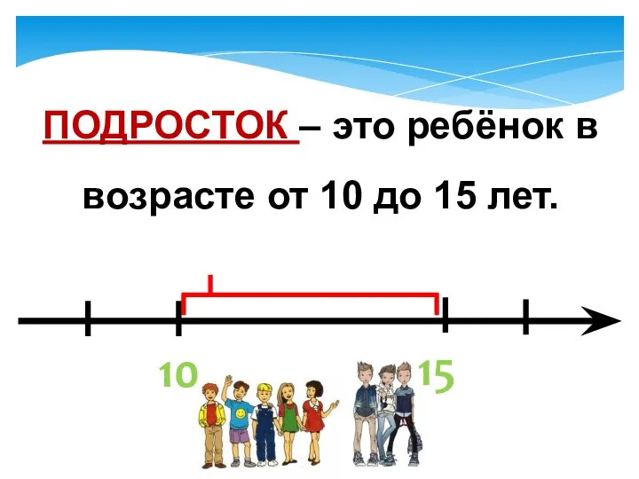 ПОДРОСТОК – это ребёнок в возрасте от 10 до 15 лет. 10 15