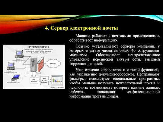 Машина работает с почтовыми приложениями, обрабатывает информацию. Обычно устанавливают серверы компании, у