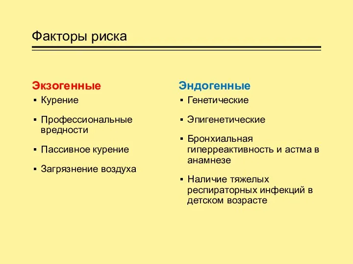 Факторы риска Экзогенные Курение Профессиональные вредности Пассивное курение Загрязнение воздуха Эндогенные Генетические