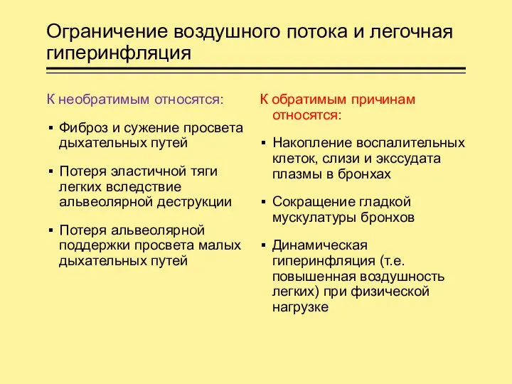 Ограничение воздушного потока и легочная гиперинфляция К необратимым относятся: Фиброз и сужение