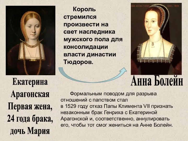 Екатерина Арагонская Первая жена, 24 года брака, дочь Мария Анна Болейн Король