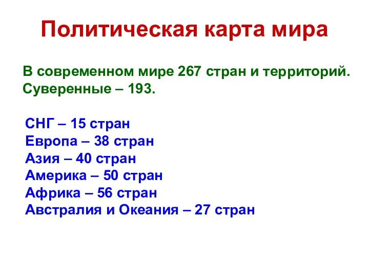 Политическая карта мира В современном мире 267 стран и территорий. Суверенные –