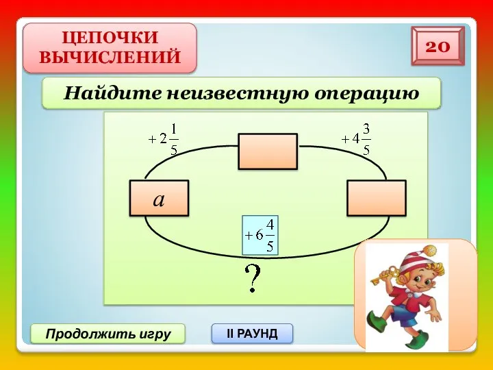 ЦЕПОЧКИ ВЫЧИСЛЕНИЙ 20 Продолжить игру II РАУНД Найдите неизвестную операцию