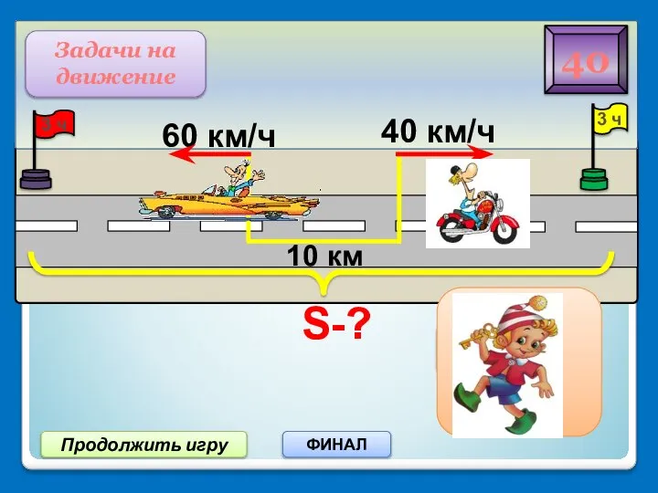 Продолжить игру ФИНАЛ S-? 40 Задачи на движение 310 км