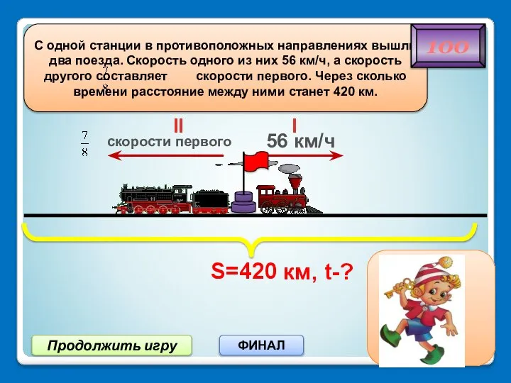 Продолжить игру ФИНАЛ 56 км/ч I II S=420 км, t-? 100 4 ч