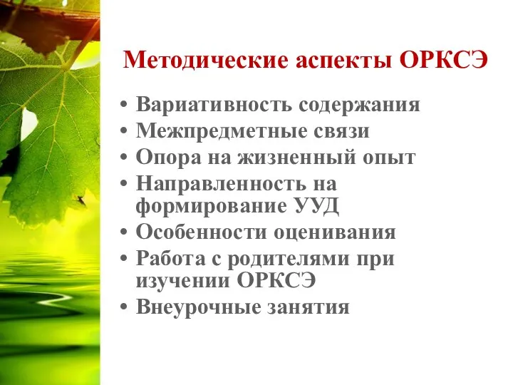 Методические аспекты ОРКСЭ Вариативность содержания Межпредметные связи Опора на жизненный опыт Направленность