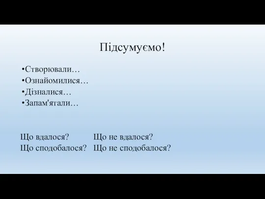 Підсумуємо! Створювали… Ознайомилися… Дізналися… Запам'ятали… Що вдалося? Що не вдалося? Що сподобалося? Що не сподобалося?