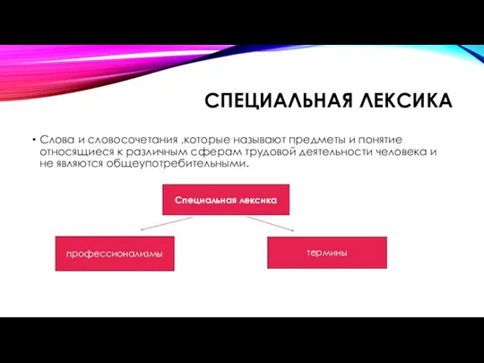 СПЕЦИАЛЬНАЯ ЛЕКСИКА Слова и словосочетания ,которые называют предметы и понятие относящиеся к