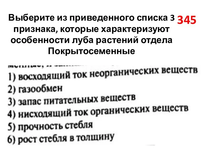 345 Выберите из приведенного списка 3 признака, которые характеризуют особенности луба растений отдела Покрытосеменные