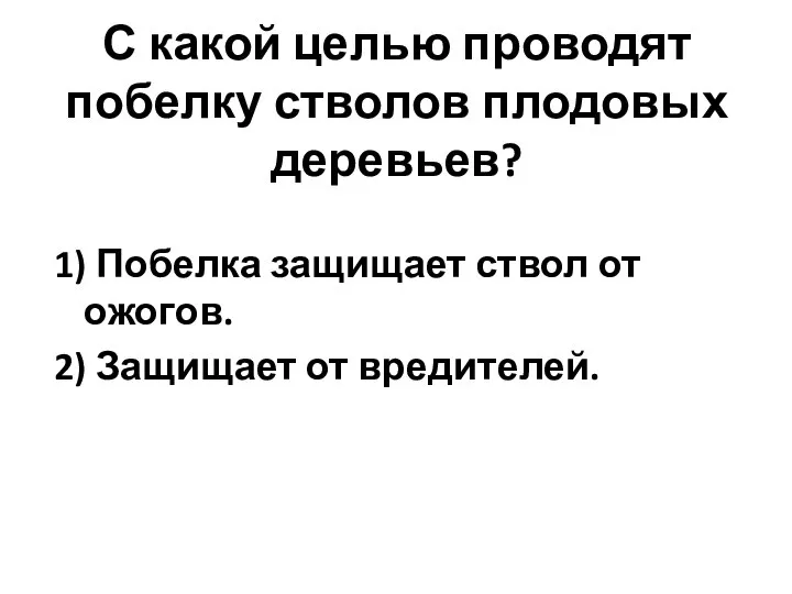 С какой целью проводят побелку стволов плодовых деревьев? 1) Побелка защищает ствол