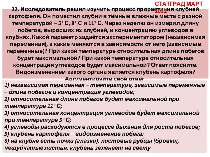 22. Исследователь решил изучить процесс прорастания клубней картофеля. Он поместил клубни в