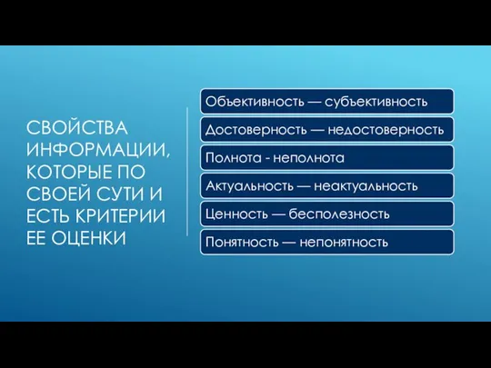 СВОЙСТВА ИНФОРМАЦИИ, КОТОРЫЕ ПО СВОЕЙ СУТИ И ЕСТЬ КРИТЕРИИ ЕЕ ОЦЕНКИ