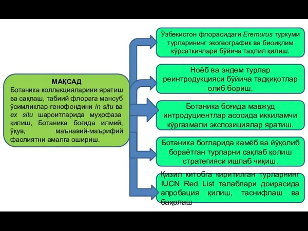 МАҚСАД Ботаника коллекцияларини яратиш ва сақлаш, табиий флорага мансуб ўсимликлар генофондини in