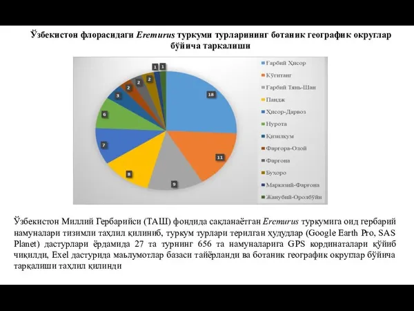 Ўзбекистон флорасидаги Eremurus туркуми турларининг ботаник географик округлар бўйича тарқалиши Ўзбекистон Миллий