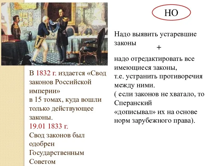 НО Надо выявить устаревшие законы В 1832 г. издается «Свод законов Российской