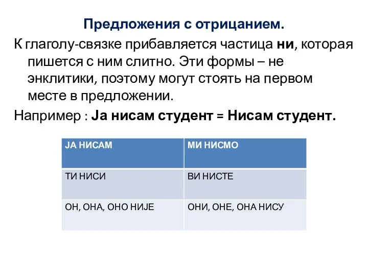 Предложения с отрицанием. К глаголу-связке прибавляется частица ни, которая пишется с ним