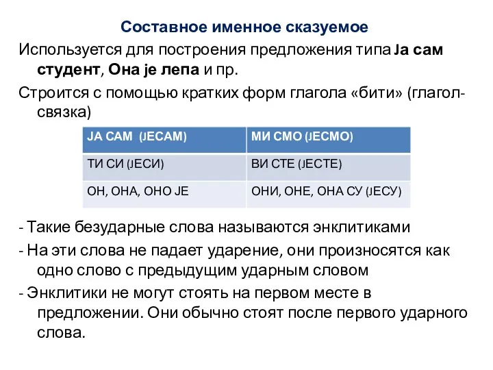 Составное именное сказуемое Используется для построения предложения типа Jа сам студент, Она