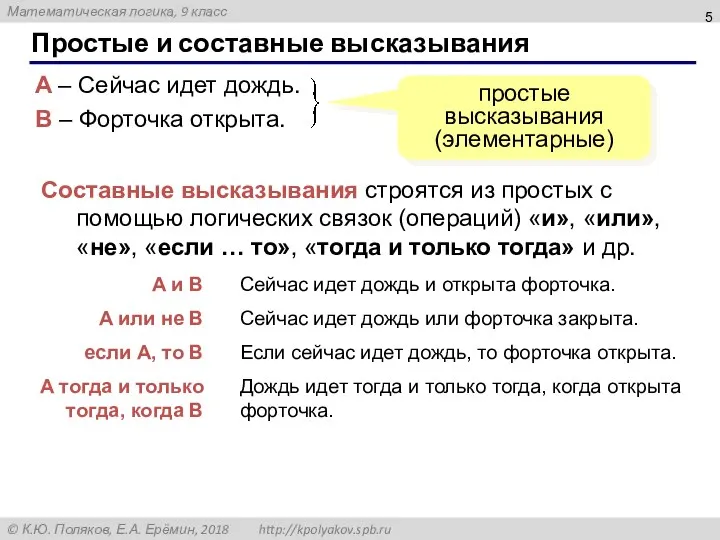 Простые и составные высказывания A – Сейчас идет дождь. B – Форточка