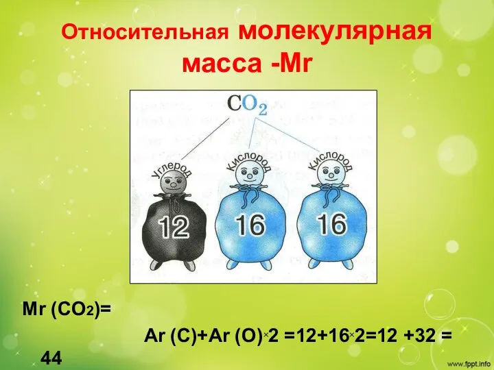 Относительная молекулярная масса -Мr Mr (CO2)= Ar (C)+Ar (O)×2 =12+16×2=12 +32 = 44