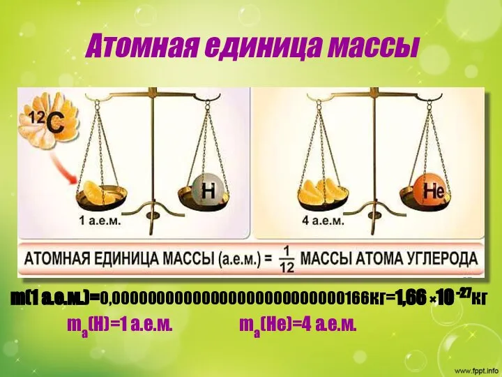 Атомная единица массы m(1 а.е.м.)=0,00000000000000000000000000166кг=1,66 ×10 -27кг ma(H)=1 а.е.м. ma(He)=4 а.е.м.