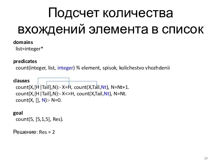 Подсчет количества вхождений элемента в список domains list=integer* predicates count(integer, list, integer)