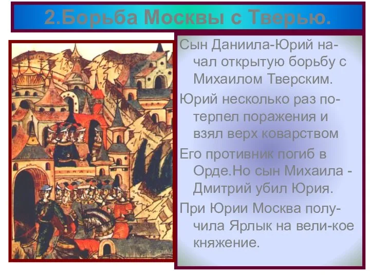 Сын Даниила-Юрий на-чал открытую борьбу с Михаилом Тверским. Юрий несколько раз по-терпел