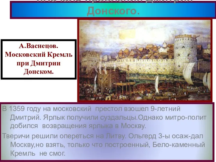 В 1359 году на московский престол взошел 9-летний Дмитрий. Ярлык получили суздальцы.Однако