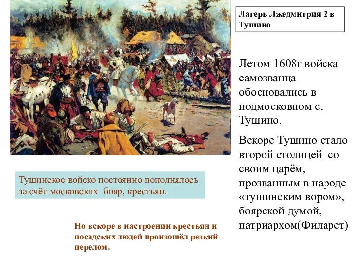 Лагерь Лжедмитрия 2 в Тушино Летом 1608г войска самозванца обосновались в подмосковном