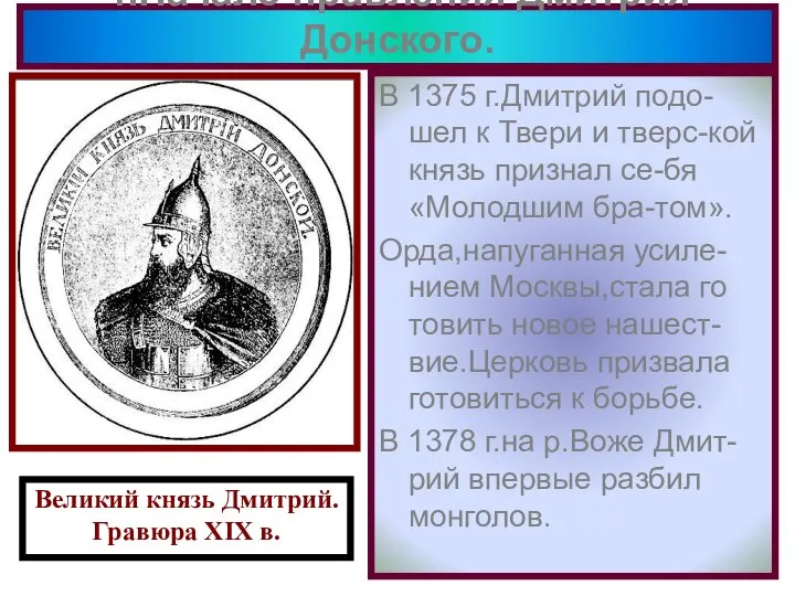 В 1375 г.Дмитрий подо-шел к Твери и тверс-кой князь признал се-бя «Молодшим