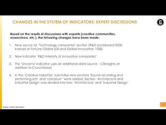 CHANGES IN THE SYSTEM OF INDICATORS: EXPERT DISCUSSIONS Based on the results