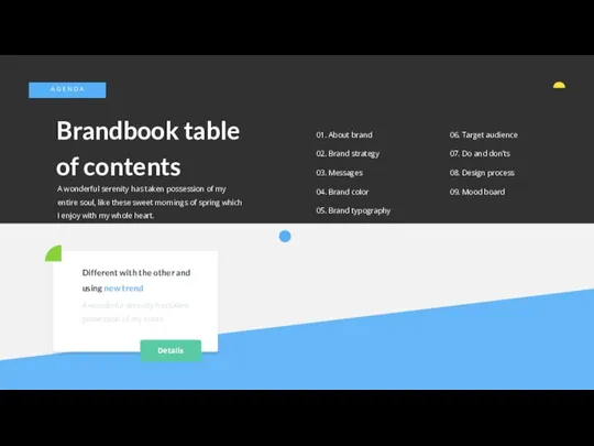Brandbook table of contents A G E N D A 01. About