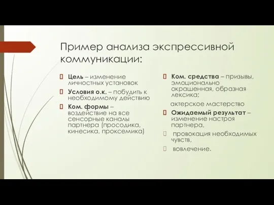 Пример анализа экспрессивной коммуникации: Цель – изменение личностных установок Условия о.к. –