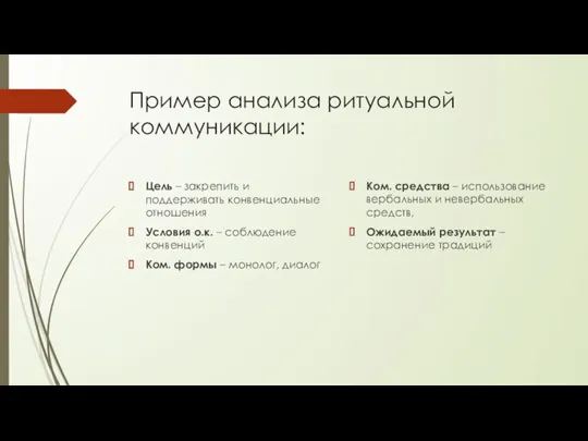 Пример анализа ритуальной коммуникации: Цель – закрепить и поддерживать конвенциальные отношения Условия