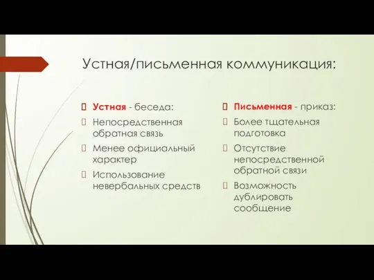 Устная/письменная коммуникация: Устная - беседа: Непосредственная обратная связь Менее официальный характер Использование