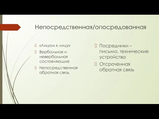 Непосредственная/опосредованная «Лицом к лицу» Вербальная и невербальная составляющие Непосредственная обратная связь Посредники